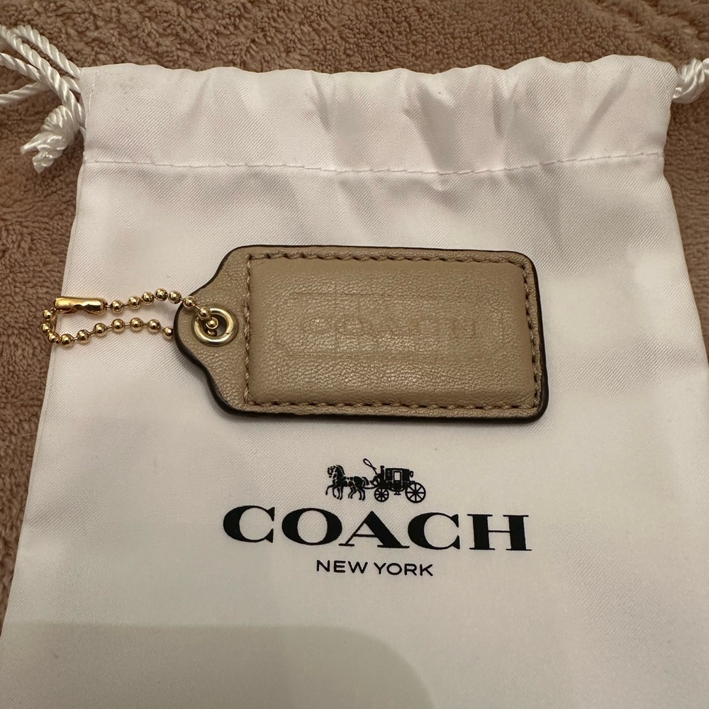 Coach Beige Leather Hang Tag Replacement w/ Gold Ball Chain